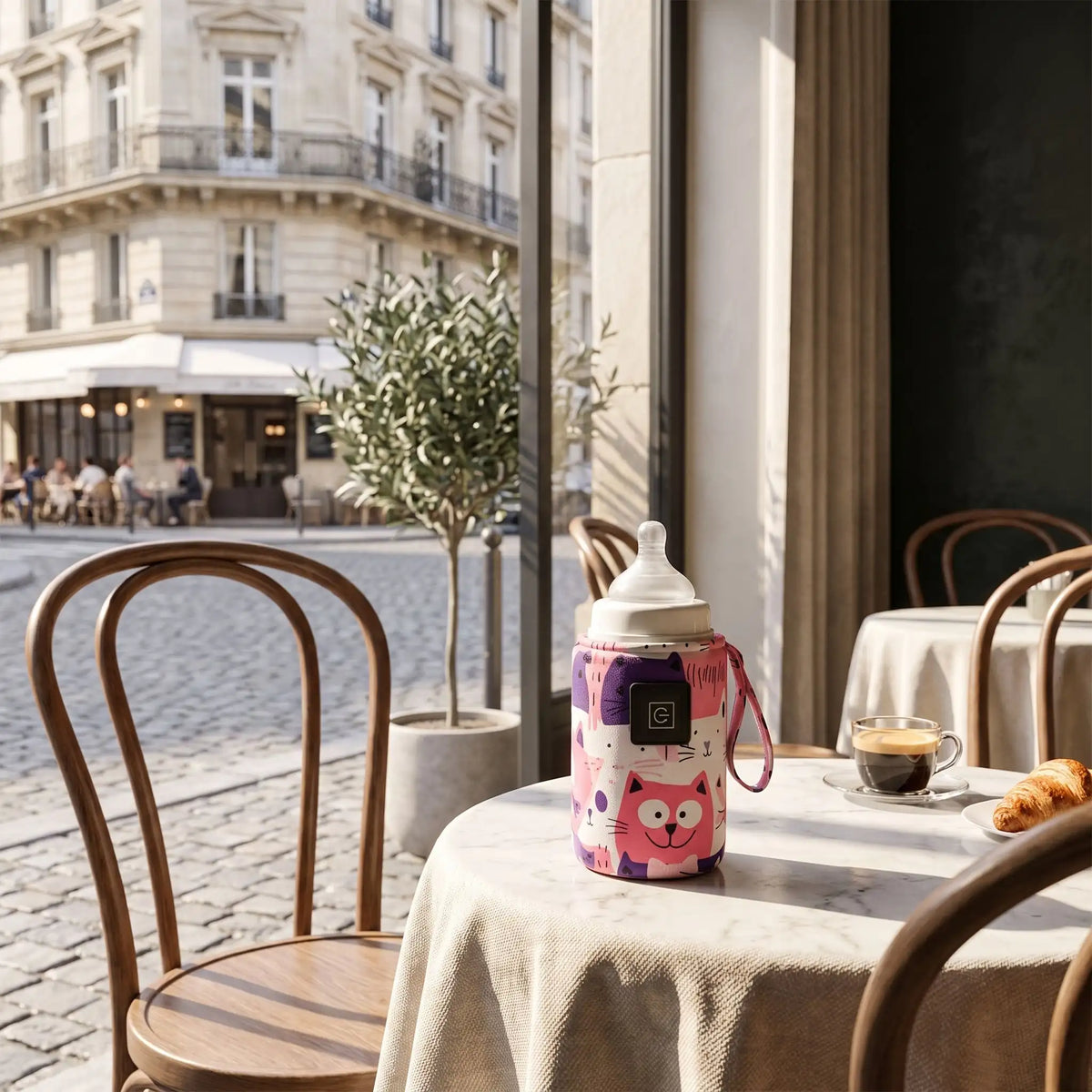 Chauffe biberon portable déposé sur table de café