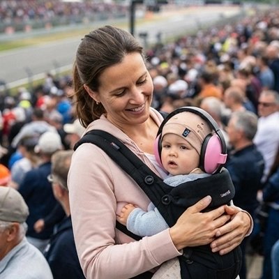 maman et bébé qui porte le Casque anti bruit bébé rose a la course de f1