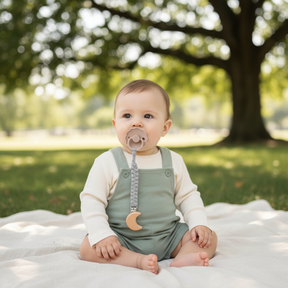 Bebe au parc avec sa tetine grise et lune
