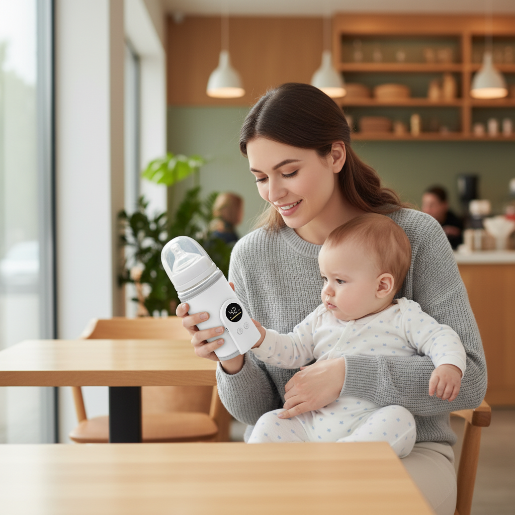 Au café maman tient d'une main le chauffe biberon et bébé de l'autre bras bebe
