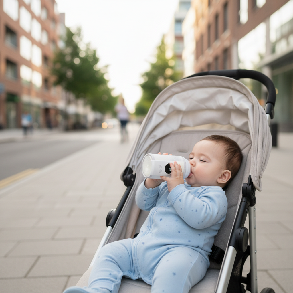 Bébé boit son lait avec le chauffe biberon dans sa poussette en ville