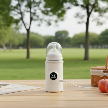 Chauffe biberon blanc sur une table à pique nique au parc