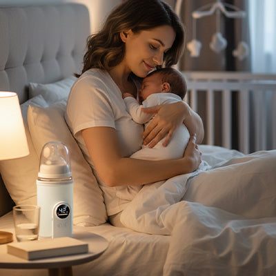 Dans la nuit, maman et bébé attendent le chauffe biberon