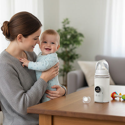 En visite chez mamie, maman et bébé heureux, attendent que le chauffe biberon soit prêt