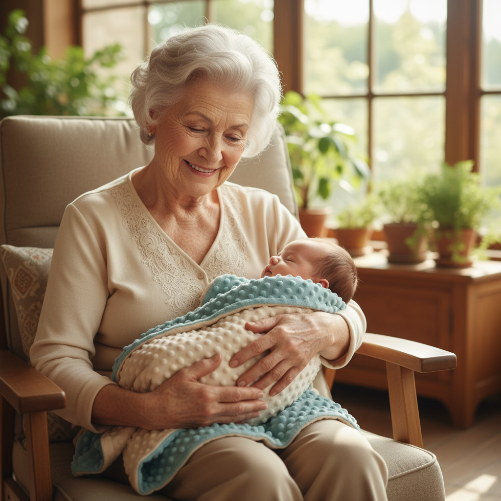 Grand-maman avec bébé sur ses genoux, enveloppé dans la couverture bebe bleu et beige