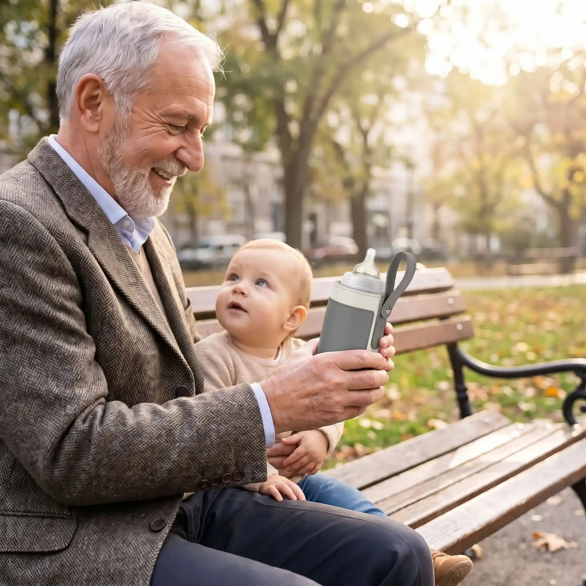 Grand-papa avec bébé sur un banc et le chauffe biberon portable