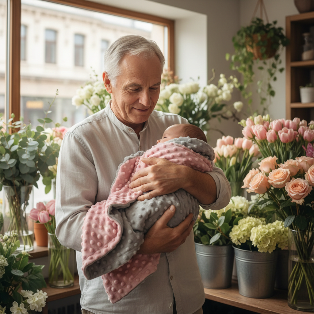 Grand-papa debout chez le fleuriste avec bébé dans les bras, couverture bebe grise et rose