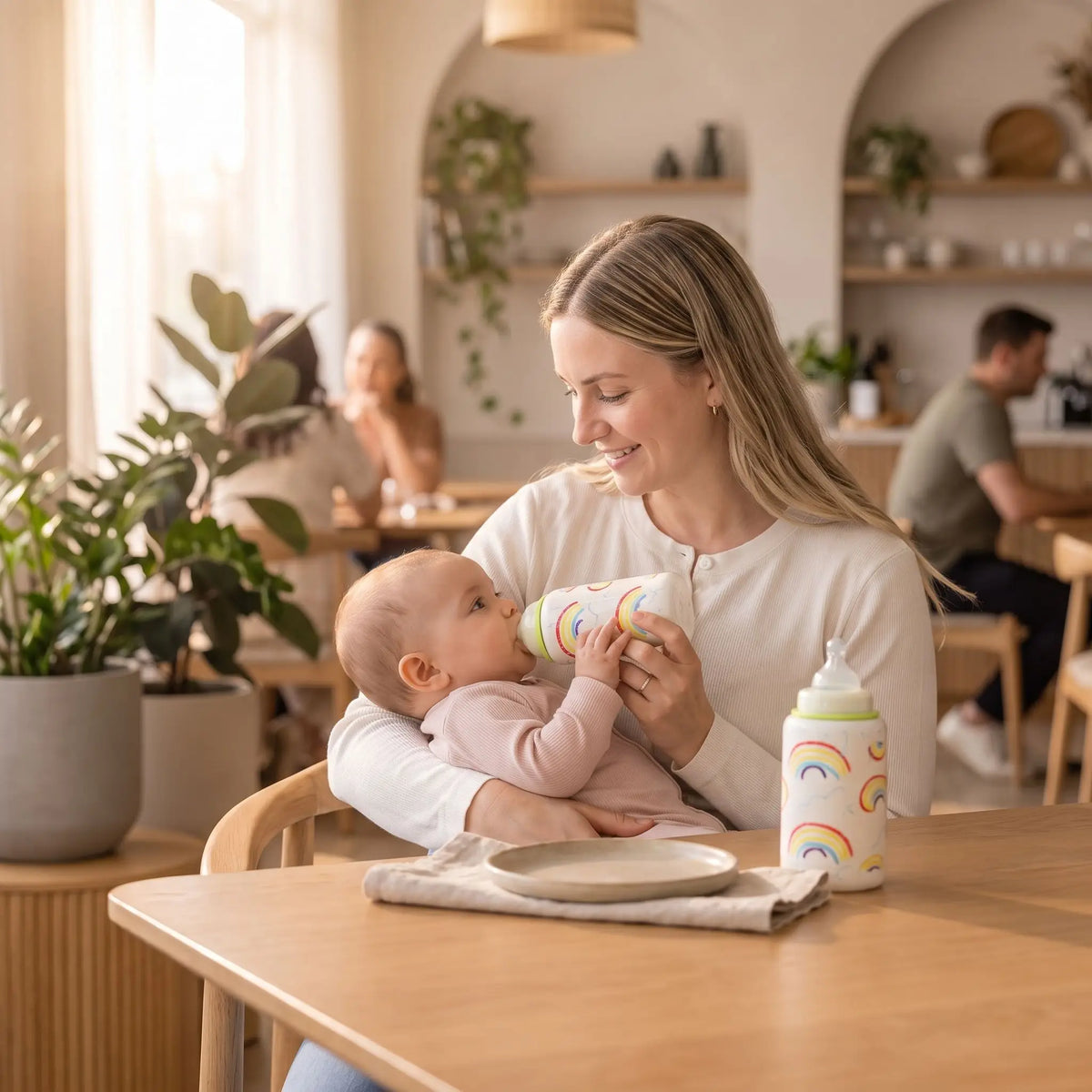 Maman et bébé au restaurant qui boit avec son chauffe biberon