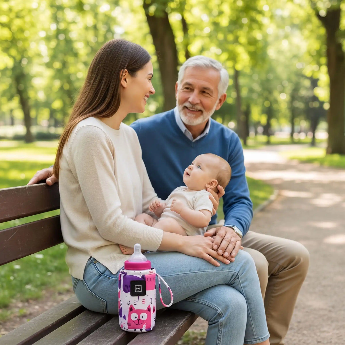 Maman, Grand-Papa et bébé au parc avec le chauffe biberon portable