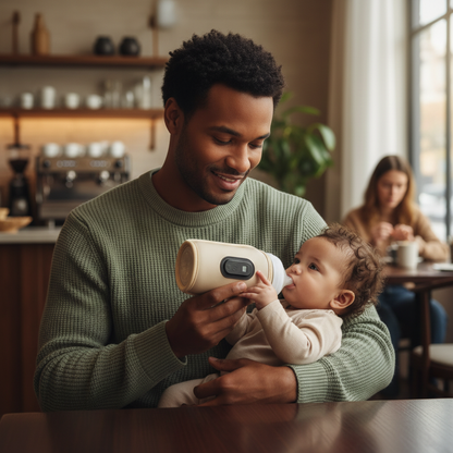 Papa et bébé au restaurant avec le chauffe biberon nomade beige