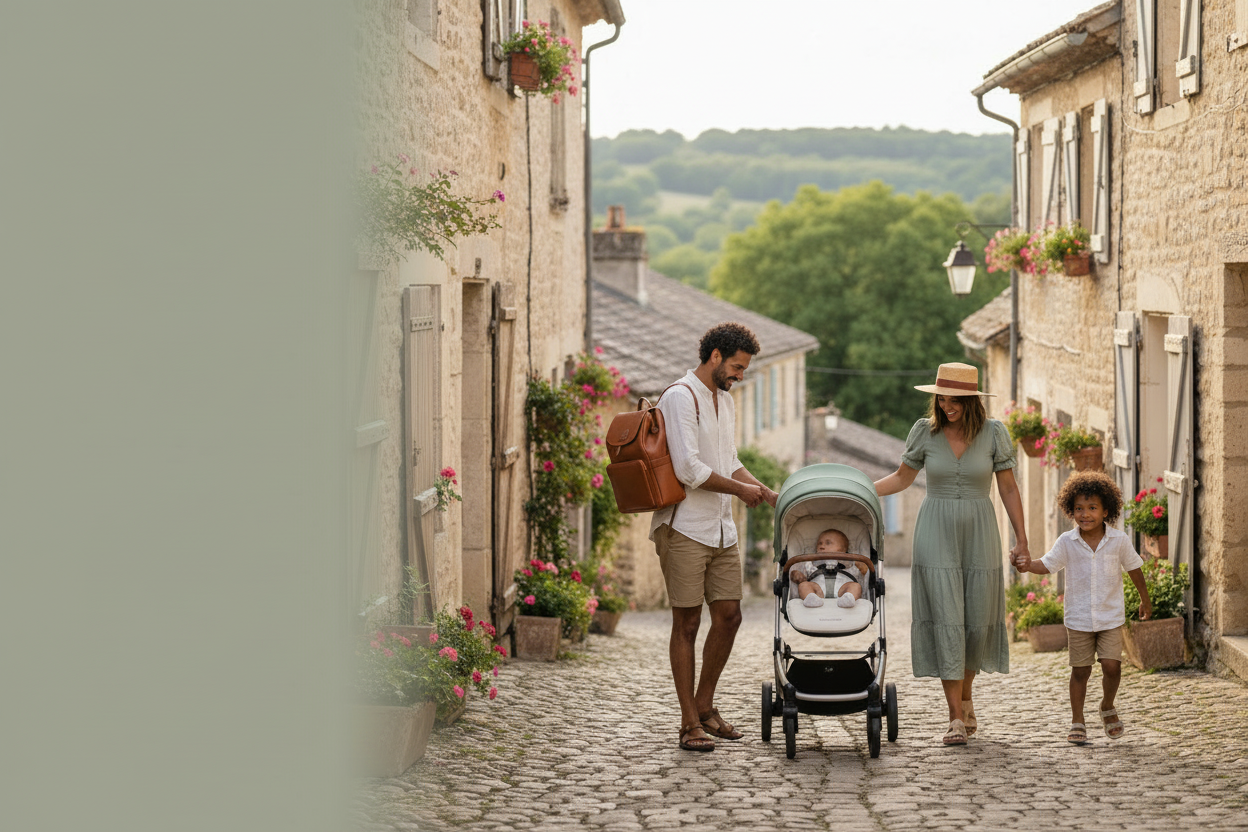 Sortie en famille avec bébé dans le village
