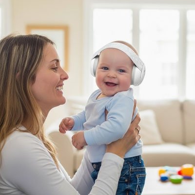 Après le jeu, maman et bébé qui porte le Casque anti bruit pour bebe avant de quitter la maison