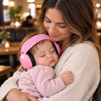 au restaurant bébé dort sur maman avec son casque anti bruit bébé rose