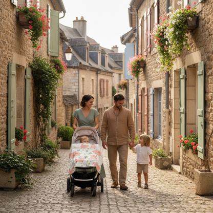 Bébé en poussette dans un village français