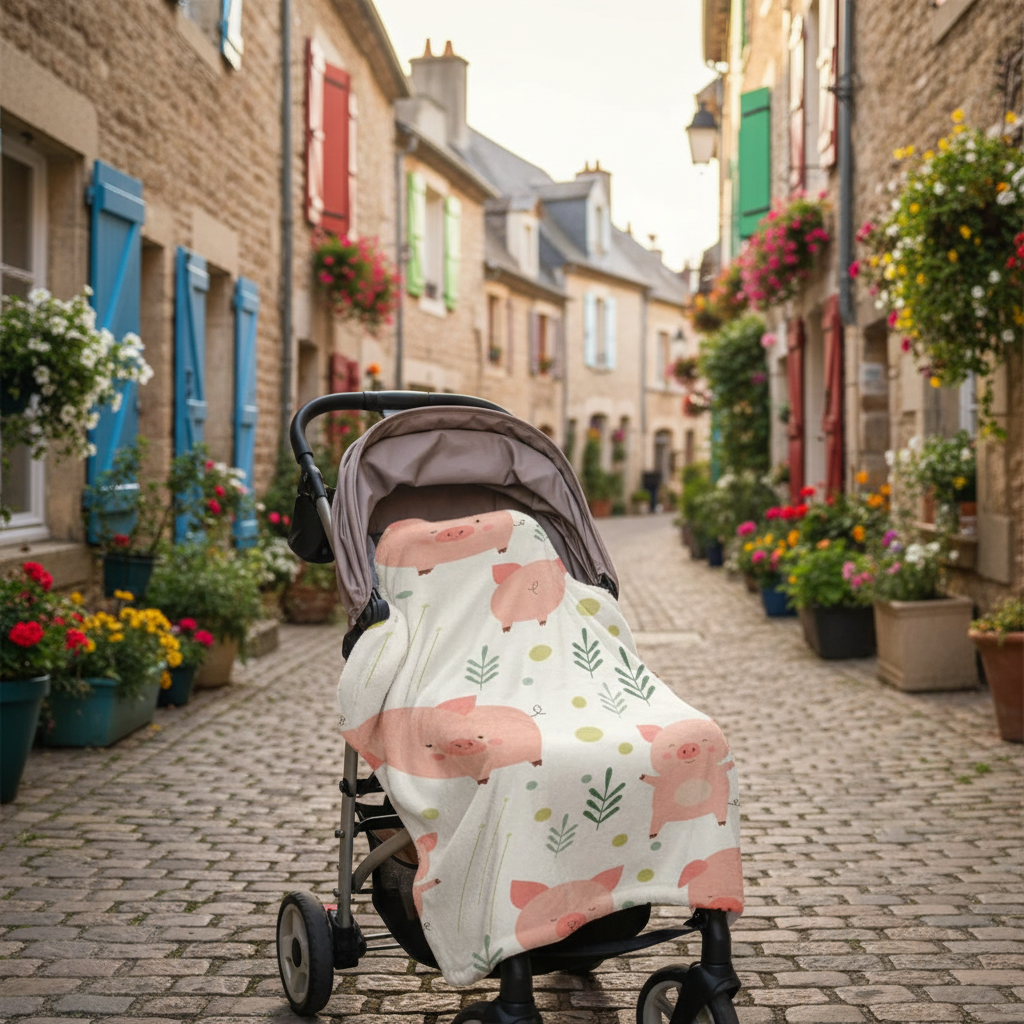 Bébé en poussette recouvert de la couverture cochons