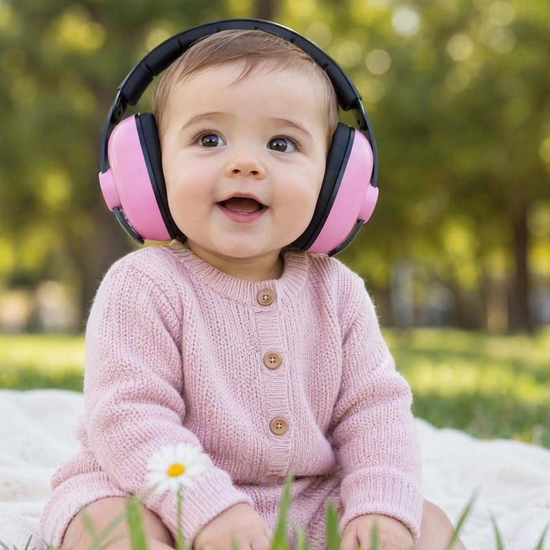 bébé avec Casque anti bruit bebe rose au parc