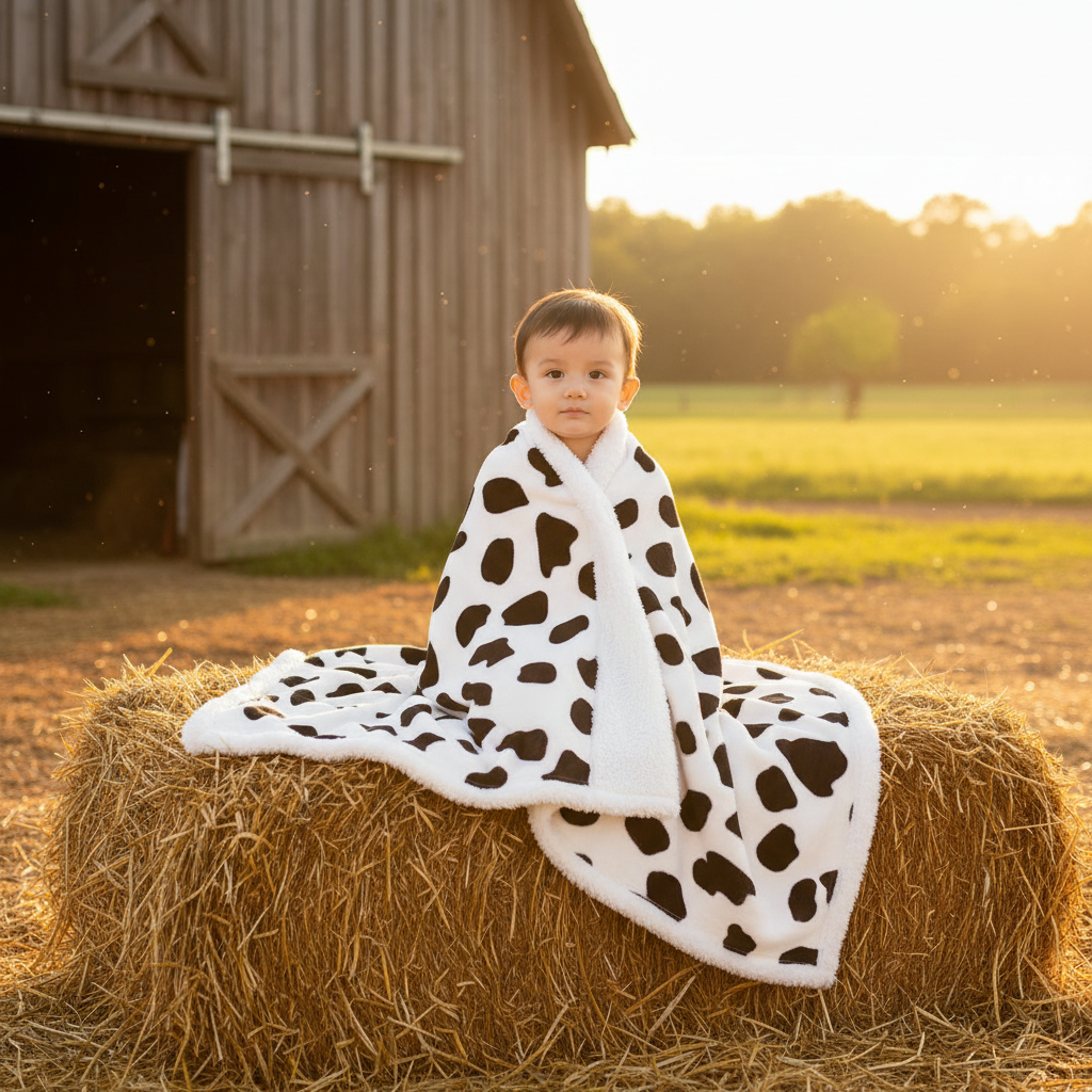 bébé avec couverture en polaire bebe motif vache assis sur du foin