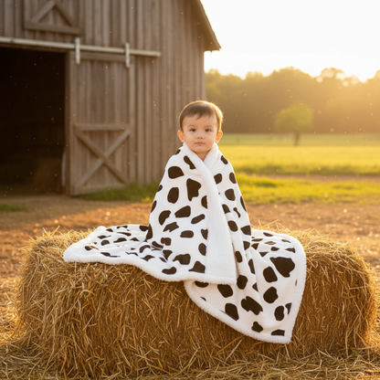 bébé avec couverture en polaire bebe motif vache assis sur du foin