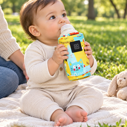 bébé boit son lait avec le chauffe biberon sur une couverture au parc