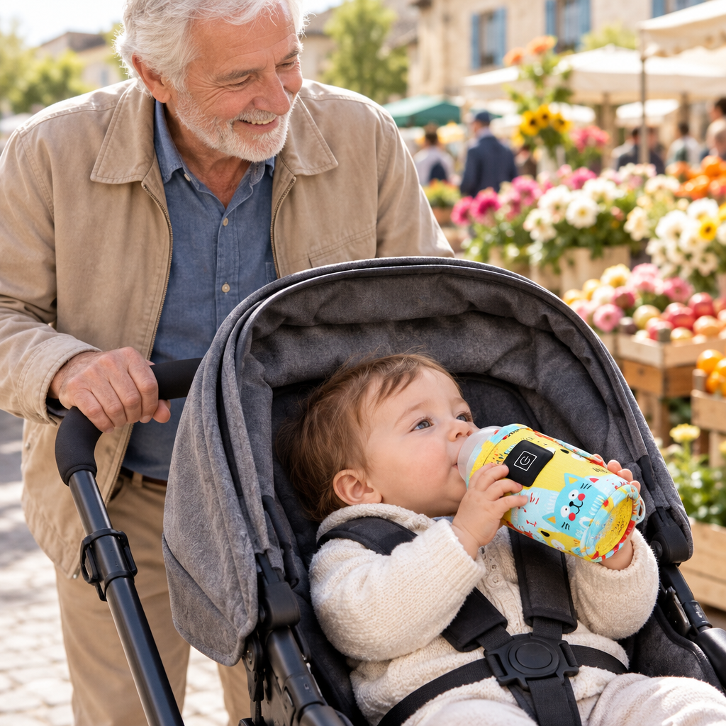 bébé boit son lait avec le chauffe biberon dans sa poussette au marché avec grand-papa 