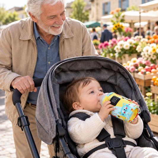 bébé boit son lait avec le chauffe biberon dans sa poussette au marché avec grand-papa 