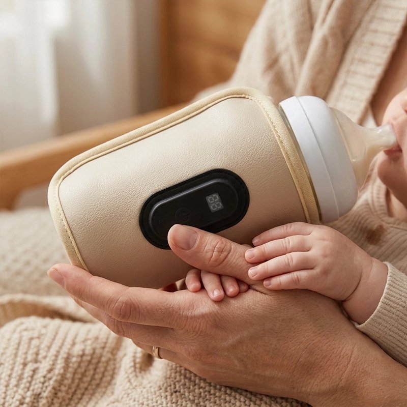 Bebe boit son lait avec le Chauffe biberon nomade beige