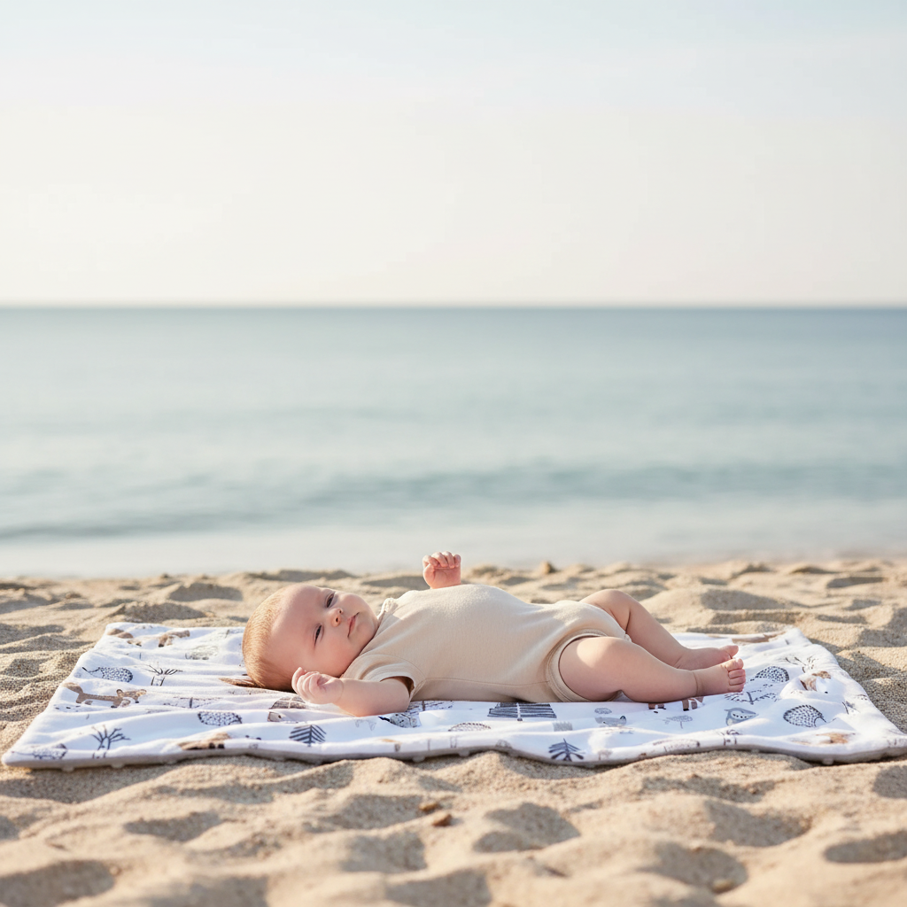 bebe couché à la plage sur la couverture en polaire bebe modèle renard/hibou