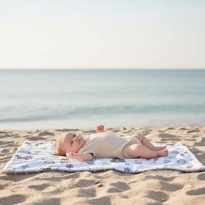 bebe couché à la plage sur la couverture en polaire bebe modèle renard/hibou
