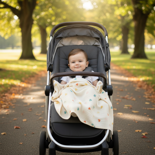 bébé dans sa poussette avec sa couverture bébé coeur