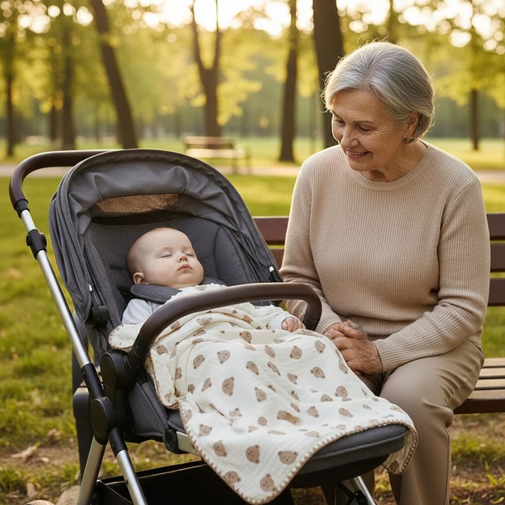 bébé dans une poussette avec sa grand-maman et la couverture bébé ourson