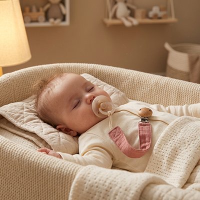 Bebe dort avec son attache tetines rose légère