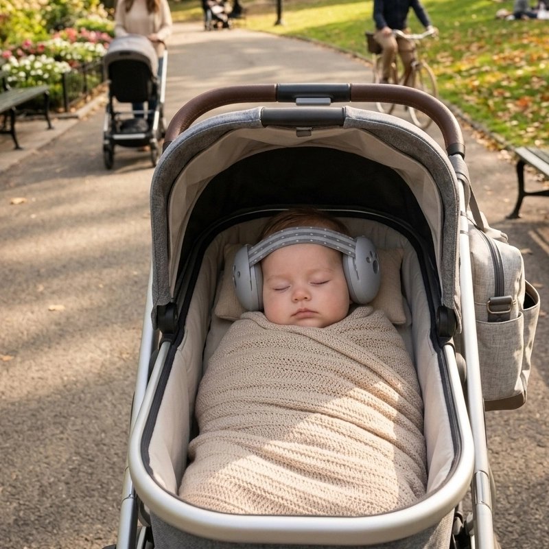 Bébé dort dans la poussette avec son Casque anti bruit bébé gris