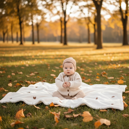Bébé en tenue d'automne assis sur la couverture ourson sur le gazon au parc
