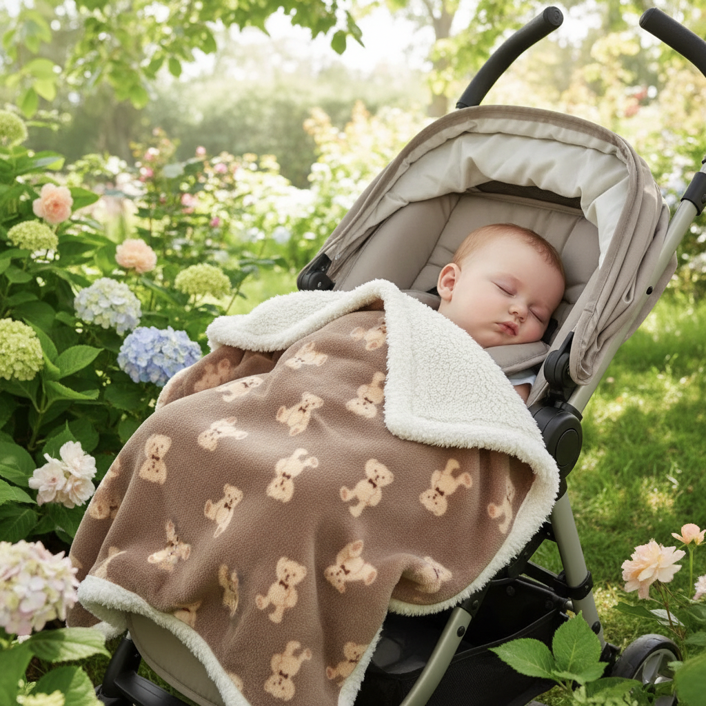 bébé endormi dans la poussette avec couverture bébé ourson café