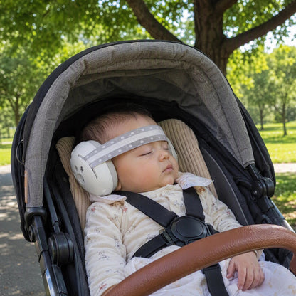 Bébé endormi dans sa poussette avec son Casque anti bruit bébé blanc