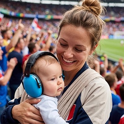 Bébé est calme dans les bras à maman grâce à son Casque anti bruit bebe bleu