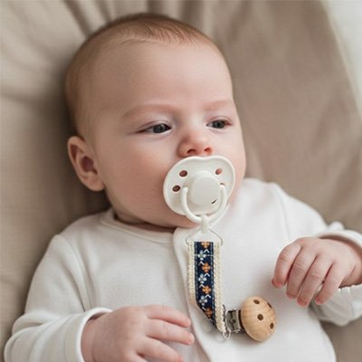 bebe est calme par sa suce gràce à son attache tétine