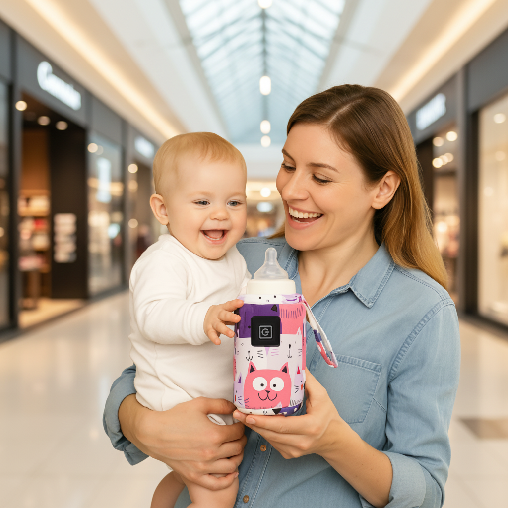 Bébé et maman font du shopping avec le chauffe biberon portable