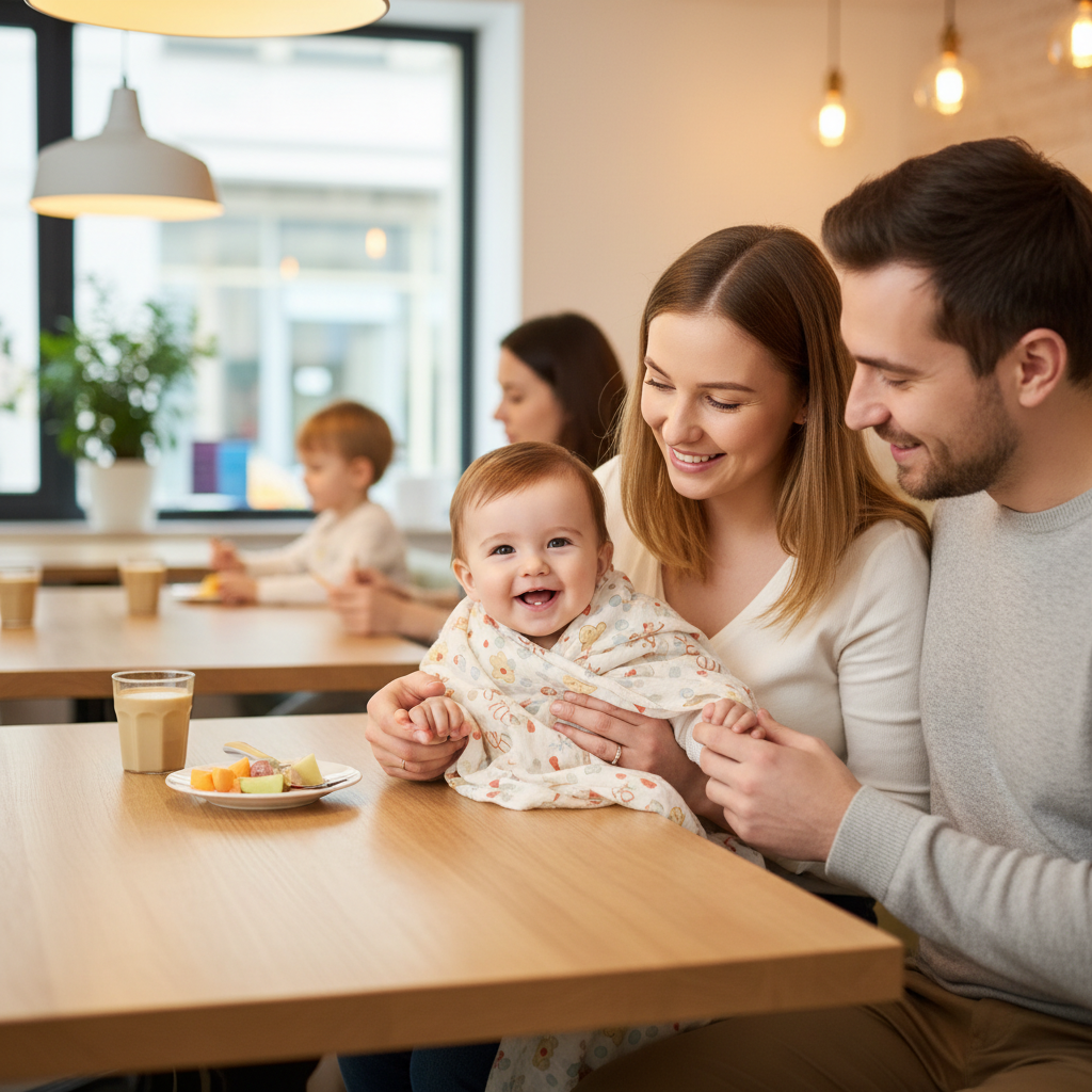 bébé et ses parents au restaurant avec la couverture bébé fraise