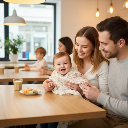 bébé et ses parents au restaurant avec la couverture bébé fraise