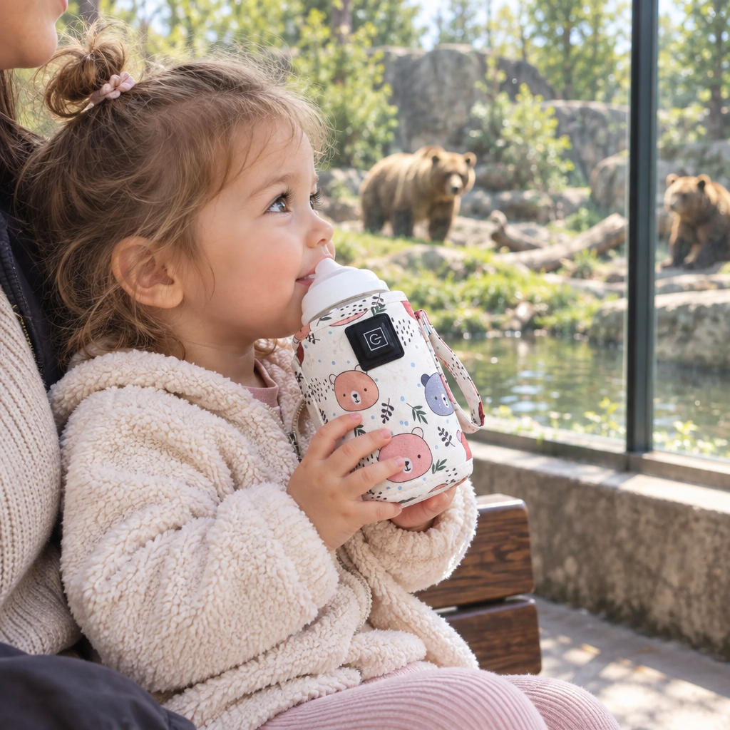 bébé fille boit son lait avec le chauffe biberon ourson rose au zoo