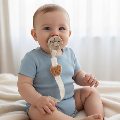 Bebe heureux avec son attache tétine