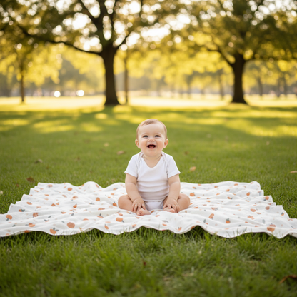 bébé heureux sur sa couverture bébé au parc
