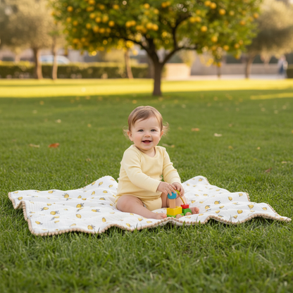 bébé jouant sur la couverture citron dans un parc
