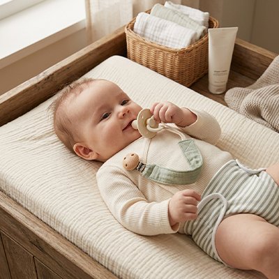Bébé peut jouet avec sa tétine car il la retrouvé grace à son attache tetines