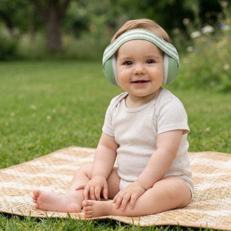 bébé portant le Casque anti bruit bébé au jardin vert  de grand-maman