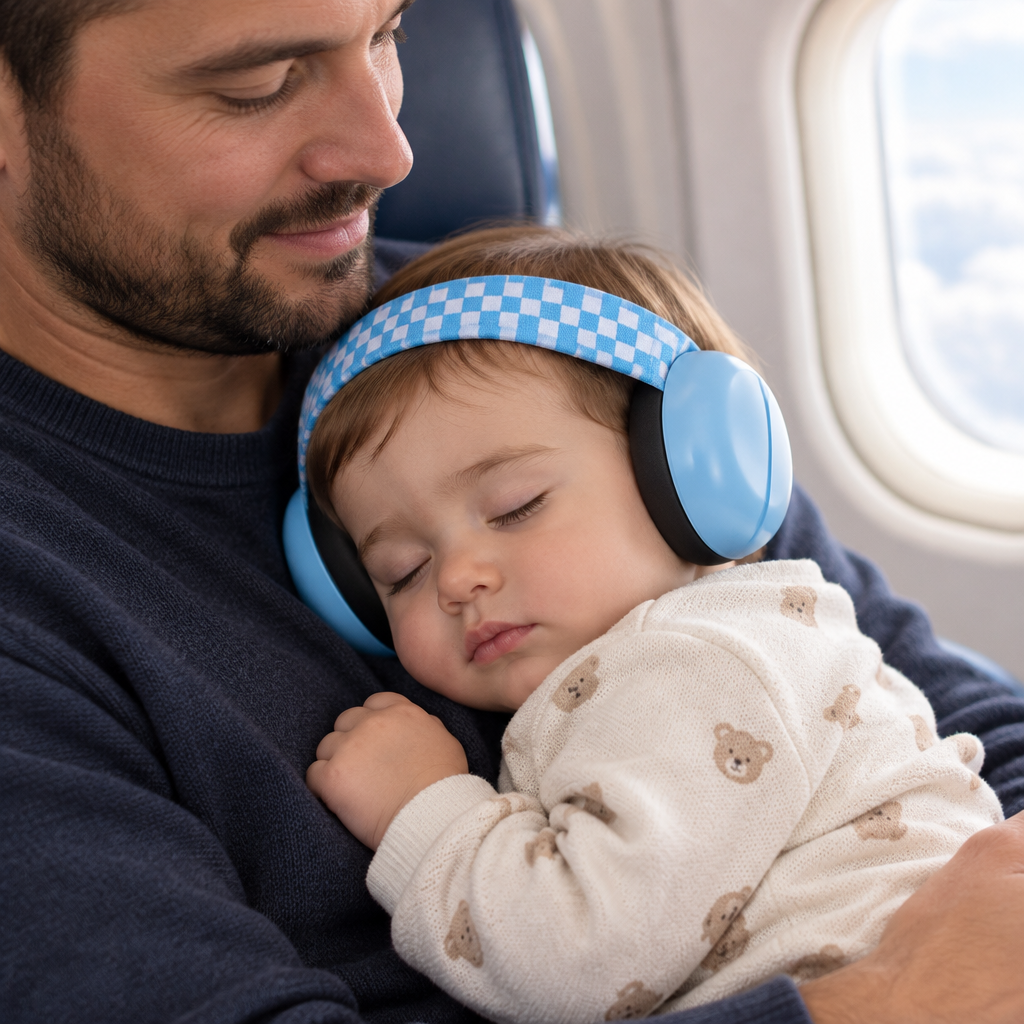 bébé portant le casque anti bruit bébé en dormant  sur papa en avion