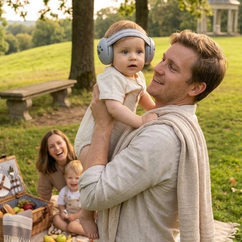 Bébé porte son casque anti bruit bébé gris dans les bras de papa