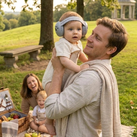Bébé porte son casque anti bruit bébé gris dans les bras de papa