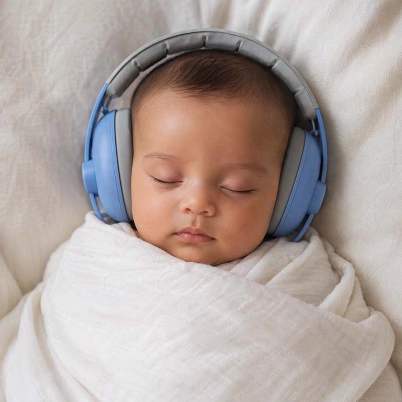 bébé qui dort avec le Casque anti bruit bebe bleu